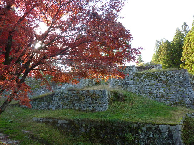 岩村城の石垣と紅葉